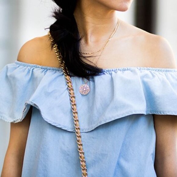 MNG Mango Blouse Off-the-shoulder Chambray Tiered Ruffle Short Sleeve Jean  XS - Picture 4 of 14